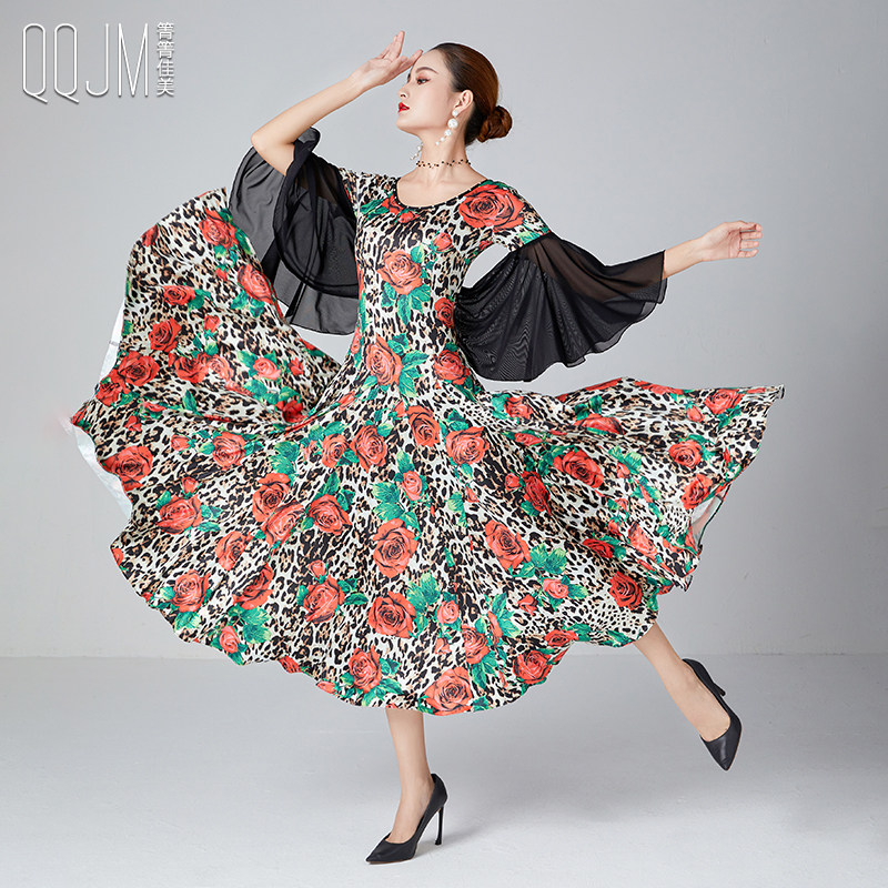 Qingqing Jiamei Ballroom Dress Printed Slim Dress 2022 Autumn Butterfly Sleeve Design Ice Silk Swing Dress