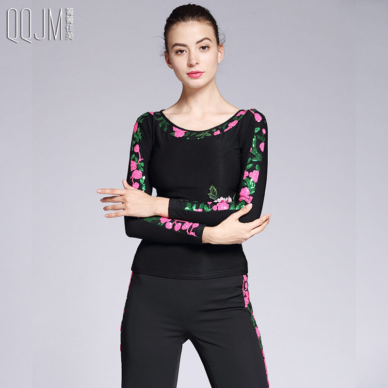 Spring and autumn new dance blouses female adult sashimi long sleeve fashion bright sheet black printed round collar Latin dance