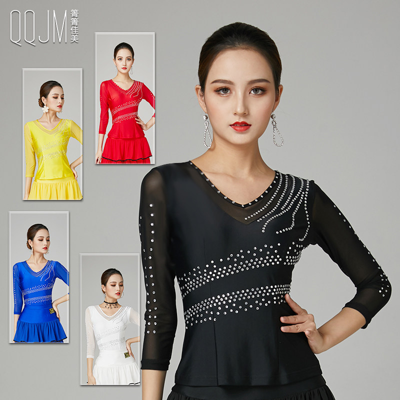 Modern Dance Ice Silk Top 2022 New Latin Dance Waltz Fashion Imported Austrian Diamond V-neck Elastic Dance Dress