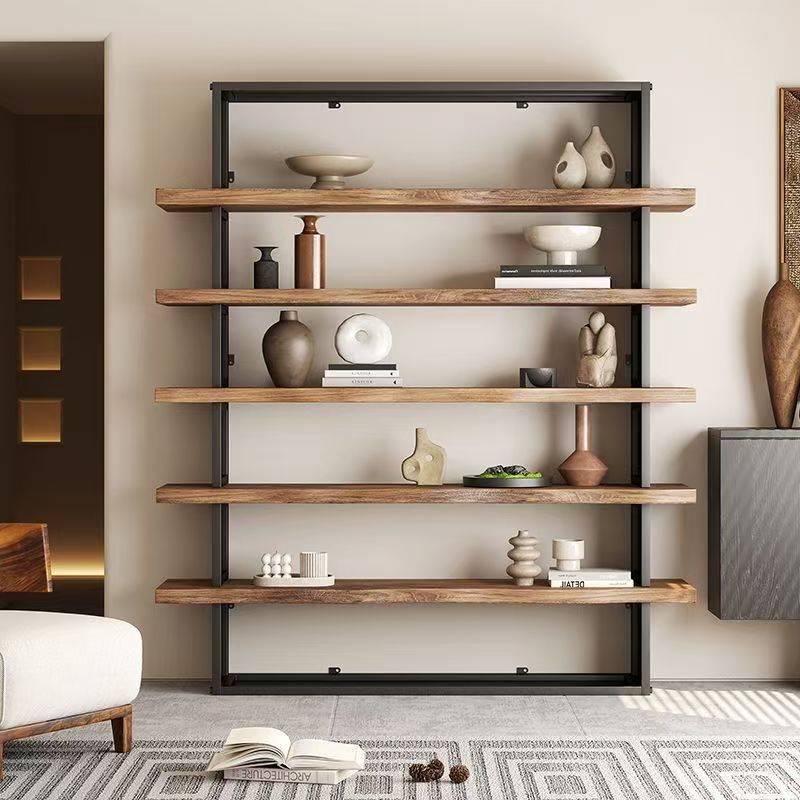 American-Style Solid Wood and Iron Bookshelf Storage Rack, Open Floor-Standing Wall-Mounted Display and Storage Shelf for Living Room and Office