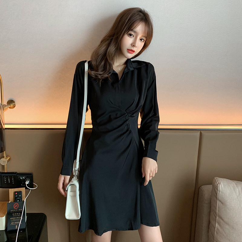 Black dress women's spring and autumn French bellflower retro temperament waist was thin and long-sleeved Hepburn style shirt skirt