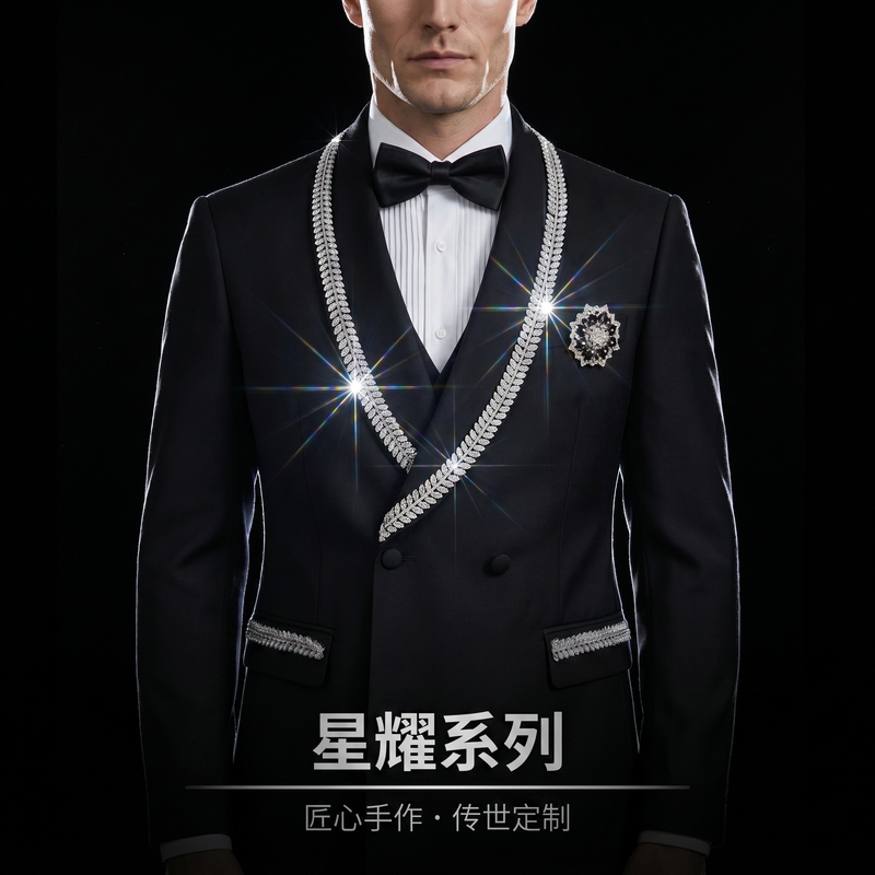 Business Style Black Suit Set for Men, Banquet Dress, Green Fruit Collar, Diamond Decoration, High-End Men's Suit
