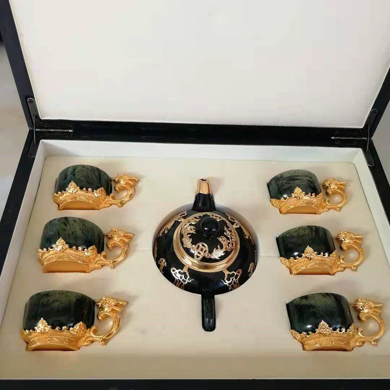 Gansu specialty Jiuquan luminous cup Jinyu Liangyuan tea set Tianshui Wushan gold inlaid jade wine set Tea set Cuiyu
