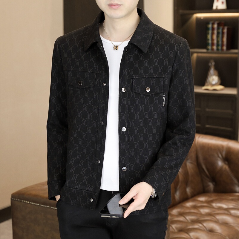 2026 Spring and Autumn Men's Jacquard Jacket, Stylish Short Versatile Jacket, New Trendy Turn-Down Collar Coat