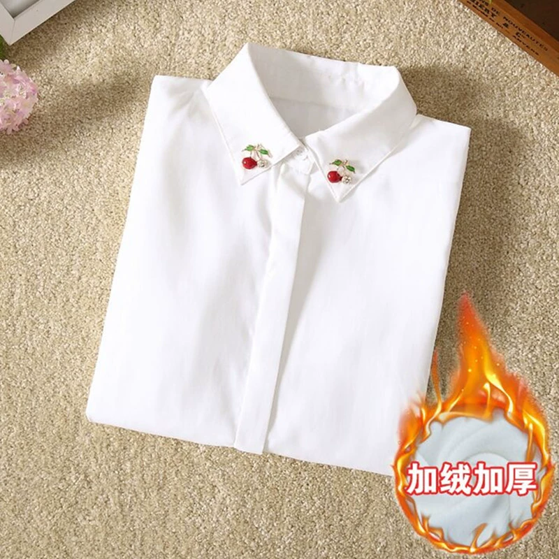 Áo sơ mi trắng nữ 2018 mới thu đông sơ mi dài tay cơ bản Han Fan sinh viên cộng với áo nhung lỏng giản dị váy áo sơ mi