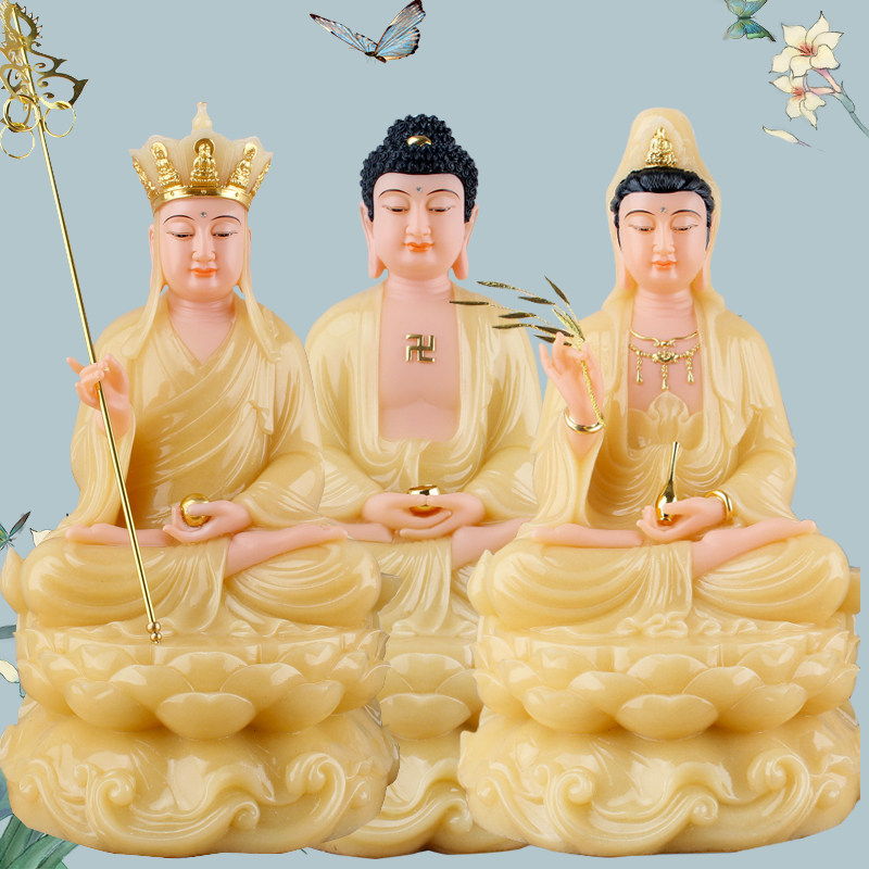 Han Bai Jade Stone Sculpture of the Three Saints Guanyin Buddha Home Mercy Statue of the Buddha The Buddha Statue of the Buddha Statue of BodhisattBodhisattva