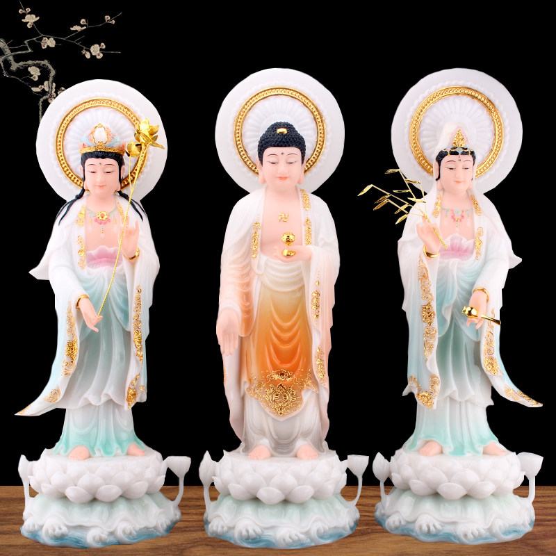 White marble painted inlaid gold Western three holy Buddha statues Amitabha Buddha Avalokitesvara Bodhisattva big trend to household figures ornaments