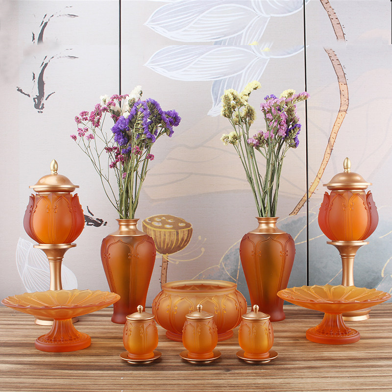 Pure copper glazed Buddha set for Buddha's holy water cup incense burner fruit plate vase for lamp home full set of desktop ornaments