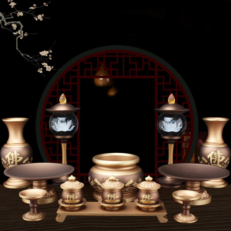 Taiwan pure copper Buddha set for Buddha supplies full set of water supply cup incense burner fruit plate vase Buddha front for lamp household