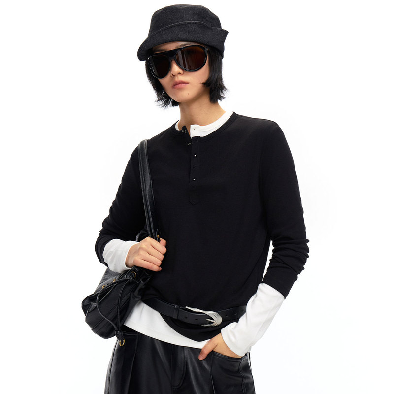No Logo / Mushroom Studs * Lenzing Modal Cotton Ribbed Texture Henry Collar Slim Fit Long Sleeve Base Layer