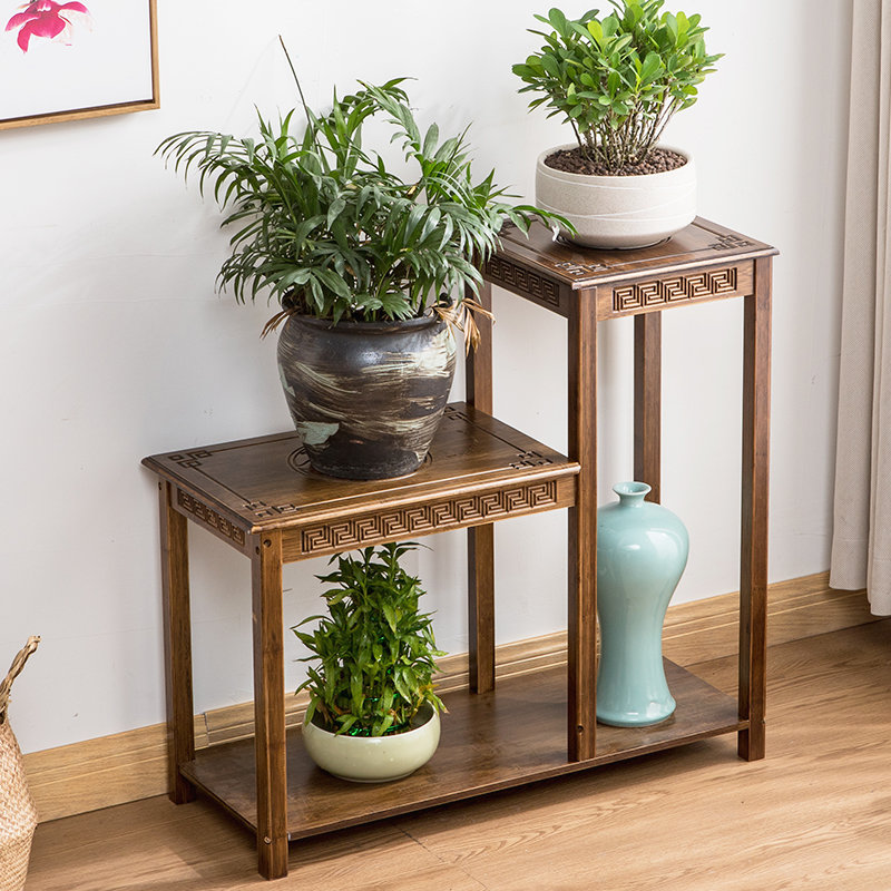 Bamboo flower rack solid wooden living room indoor hanging orchid flower pot rack bonsai fish tank rack balcony golden kudzu flower rack storage rack