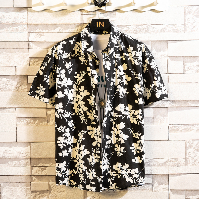 Summer Floral Print Short-Sleeve Shirt for Men, Unique Pattern Beach Casual Thin Pure Cotton Shirt, Trendy Hairstylist Style