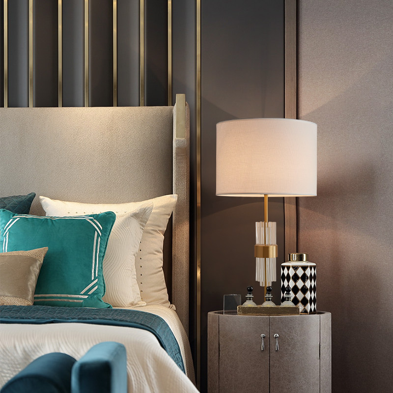 Full Copper Cloth Art Table Lamp Crystal Light Extravagant Bedroom Bed Head Lamp Brief Modern Home Living Room Light Hotel Front Desk With Lamp