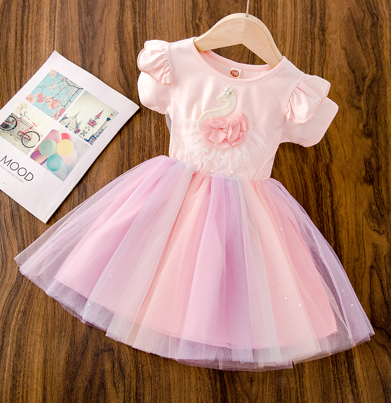 4 children summer dress girl foreign dress 5 short sleeves cotton 6 Summer swan 61 little girl net yarn princess dress 8 years old