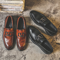 Summer season with leather shoes Mens leather trendy business casual shoes breathable 100 lap shoes One foot pedal Inron mens shoes