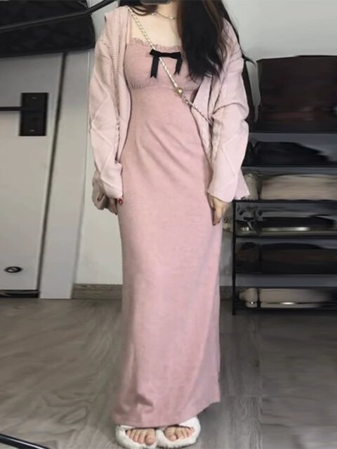 Large size suspender dress suit spring and autumn fat mm slimming cover French tea break high-end temperament two-piece set