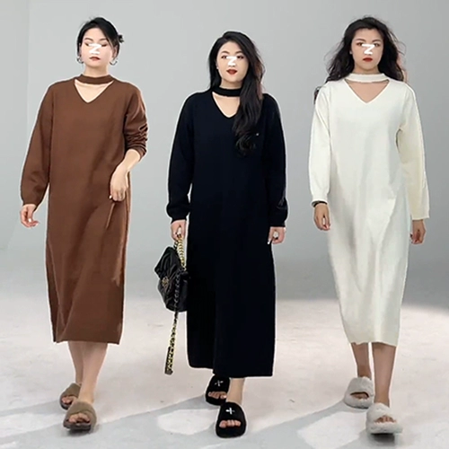 Длинное трикотажное платье, базовый свитер, юбка, большой размер, по фигуре