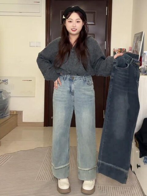 Large size American retro jeans for women in spring, fat mm, slim, loose straight nine-point pants, wide-leg pants, high-waisted pants