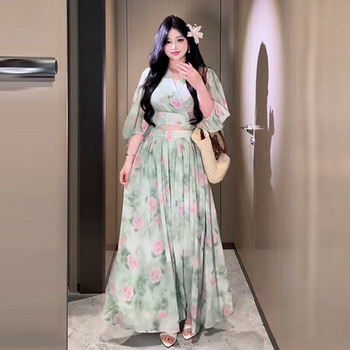 Plus-Size French Floral Sweet and Fairy-Like Suit for Women, Summer Slimming Vacation Beach Top and Skirt Two-Piece Set