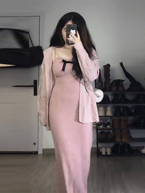 Large size suspender dress suit spring and autumn fat mm slimming cover French tea break high-end temperament two-piece set