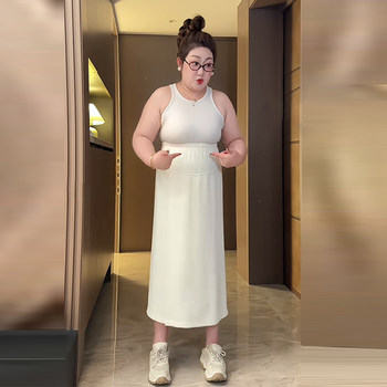 Plus-Size High-Waisted Slit Skirt for Women, Summer, Slimming, Tummy-Covering, Versatile, Lazy Style, A-Line Mid-Length Skirt