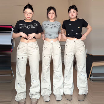 Plus-Size American-Style Multi-Pocket Flared Pants for Women, Slimming Cargo Pants, Wide-Leg Pants, High-Waisted Long Pants ins