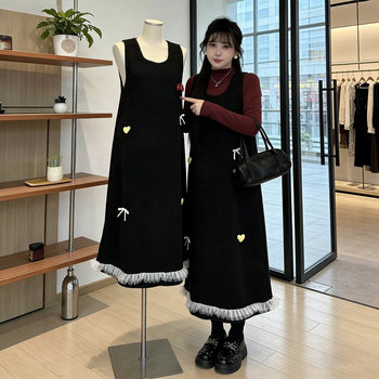 Plus-Size Pear-Shaped Body Shape-Flattering Outfit for Autumn and Winter, High-Neck Base Shirt and Bow-Knot Tank Dress Two-Piece Set for Chubby Women