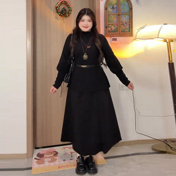 Plus-Size Minimalist Style Waist-Cinching Outfit for Women, Autumn and Winter, Slimming Long-Sleeve French Hepburn Style Two-Piece Set