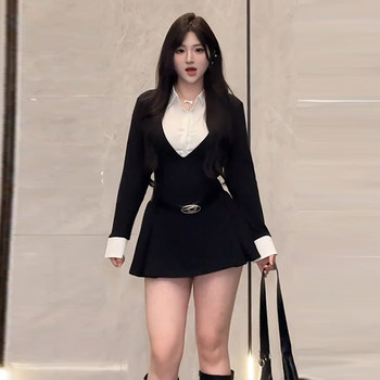 Plus-Size Pure and Alluring Style Two-Piece Shirt Dress for Women, Autumn and Winter, Slimming Waist, Niche Elegant Short Skirt