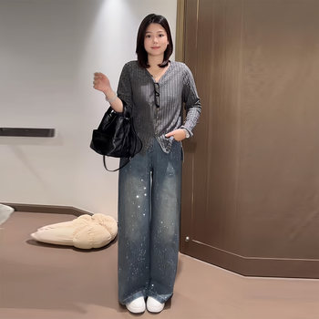 Plus-Size Star-Studded Rhinestone Jeans for Women, Autumn and Winter, Slightly Chubby, Slimming, Petite, High-Waisted, Loose, Floor-Length Pants
