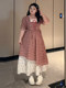 Large size age-reducing red plaid fake two-piece lace splicing floral skirt women's summer fat mm high-waist slim dress
