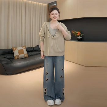 Plus-Size Casual Hooded Sweatshirt for Women, Autumn and Winter, Slimming, Loose and Relaxed Halter Top Two-Piece Set