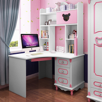 Childrens desk bookcase combination girl pink princess multi-function writing learning desk Solid wood corner computer desk