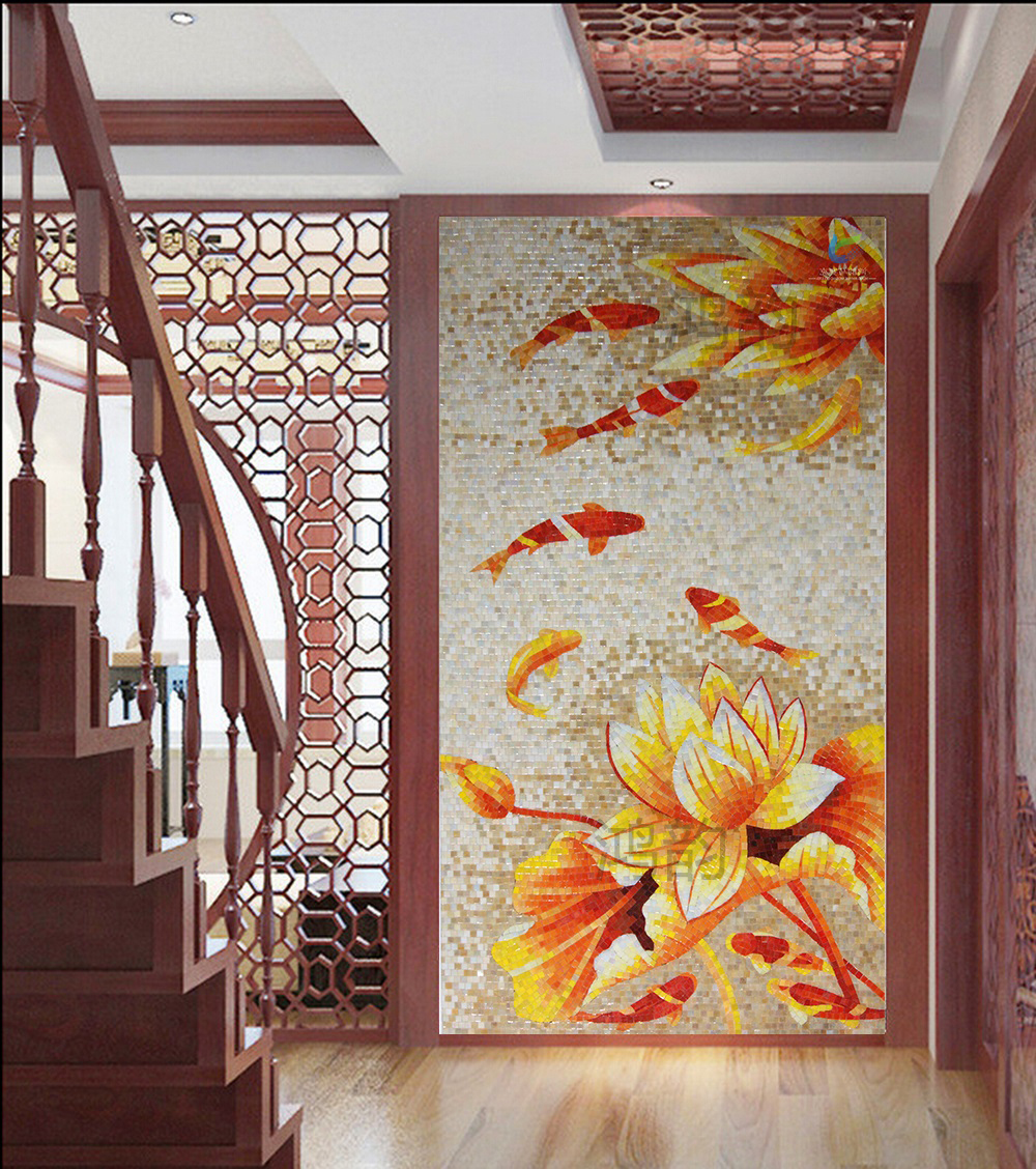 Hongyun lotus picture glass mosaic tile background wall custom puzzle cut painting Entrance aisle Mosaic wall sticker