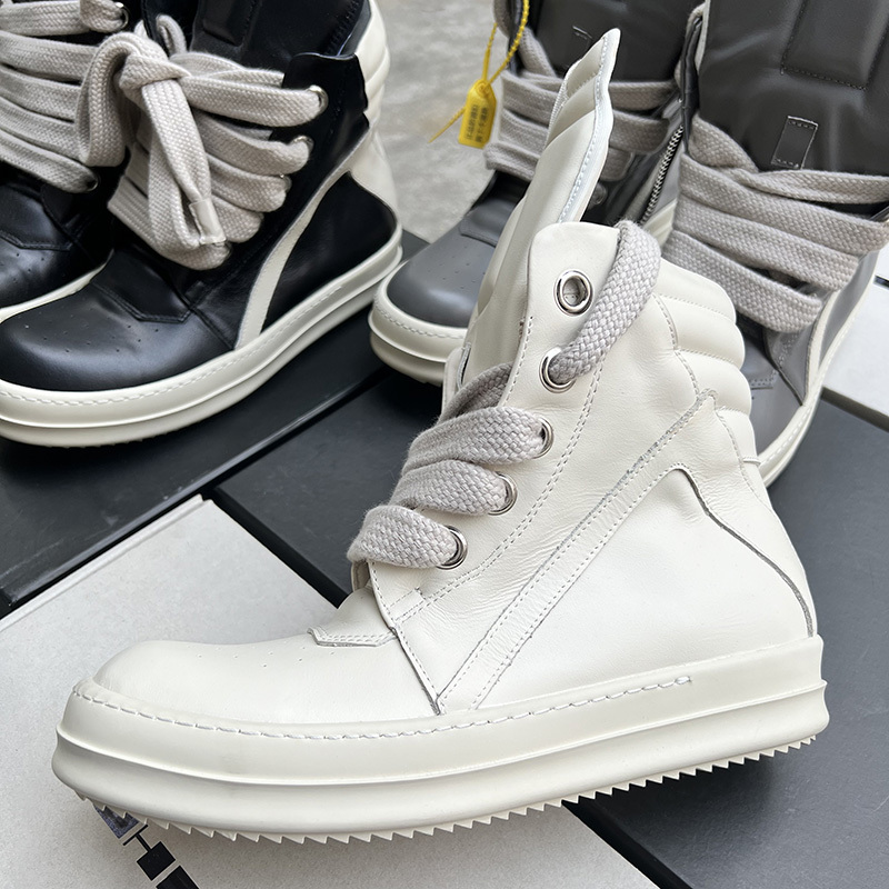 Ro12Y3 Thick Shoelaces Inverted Triangle High-Top Shoes Men's Genuine Leather White New Thick-Soled Big Tongue High Street Sneakers Women's Trendy