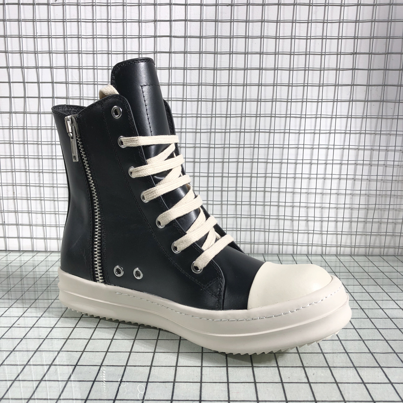 Round Owens High-Top Shoes for Men, Genuine Leather, Black, Main Line First Layer Waxed Cowhide, Milky Thick-Soled Sneakers, Short Boots