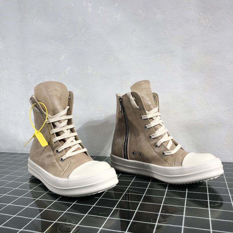 Round Owens high-top shoes men's leather camel side zipper spring and autumn milk fragrant thick bottom couple shoes short boots women