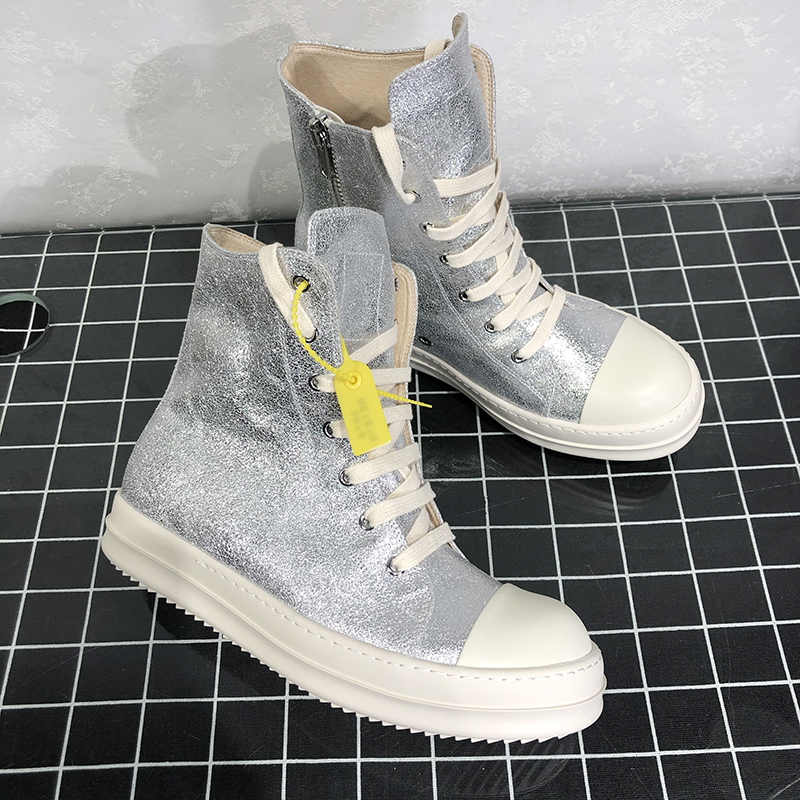 Round Owens shoes men's high tube leather thick bottom main line space silver burst crack reflective high street couple short boots