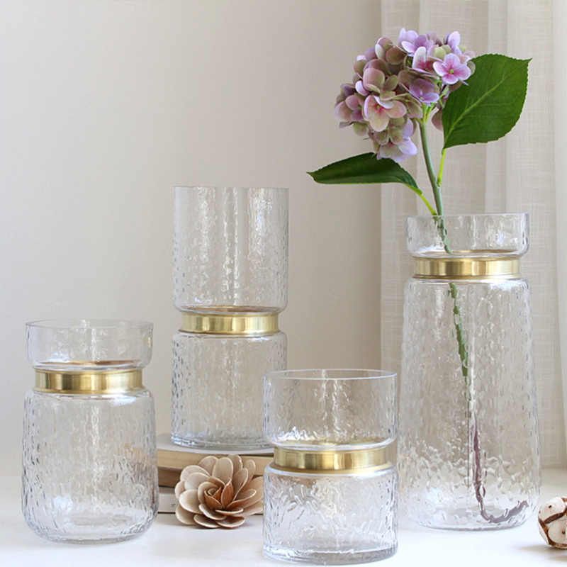 Nordic Creative Metal Copper Rings Glass Vases Light Lavish Bronze Ring Transparent Floral Home Living Room Folk and Decorative Hem