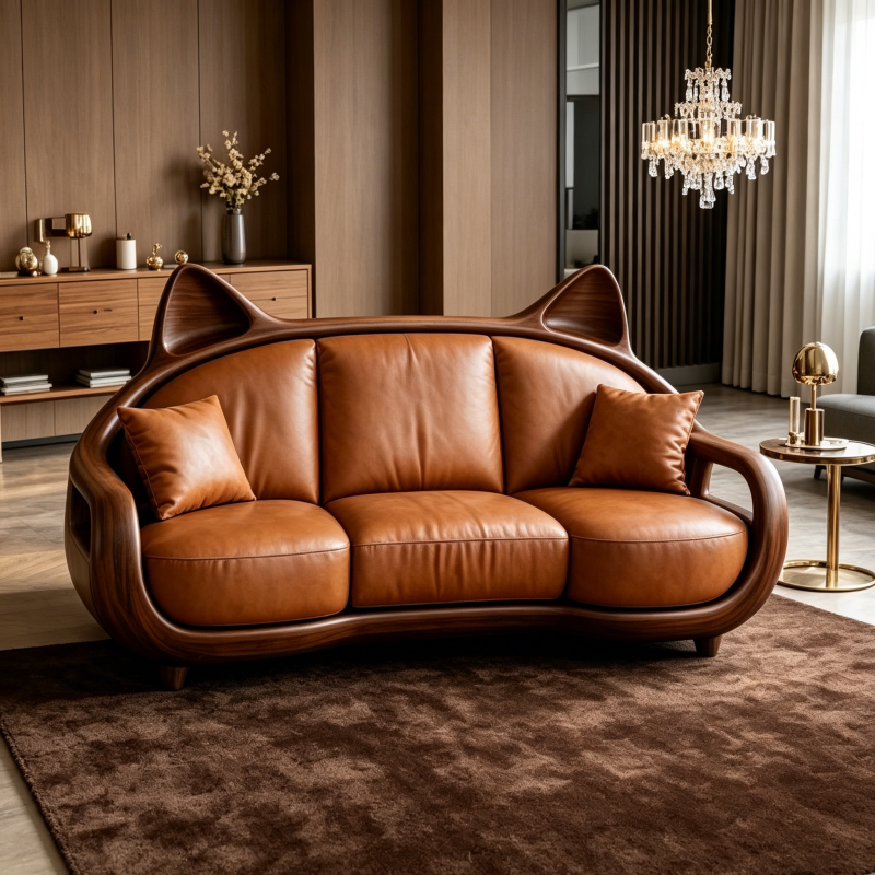 New Chinese-Style Creative Cat Ear Sofa, Black Walnut Wood Sofa, Solid Wood Straight-Row Sofa, Cream Style, Luxurious Quality
