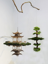 New Chinese style solid wood ancient building model Pavilion landscaping hanging mirror mirror hanging decoration model room decoration