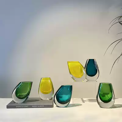Glass vase Hand-blown thickened flat emerald blue home dining table coffee table flower device Hotel soft decoration