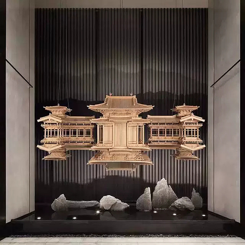 Phoenix hall New Chinese Zen entrance Ancient building model ornaments Solid wood soft hanging jewelry custom wall hanging
