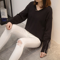 2019 new fat sister 200kg v-neck sweater slimming meat loose Korean version of fat mm sweater belly jacket