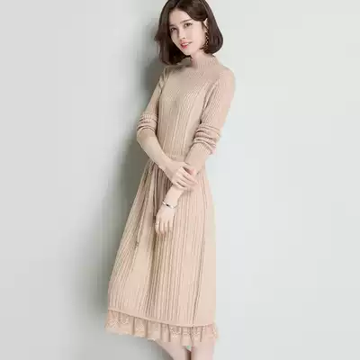 Long version of sweater skirt women 2021 autumn and winter New half high collar waist knee knitted dress plus velvet thickening