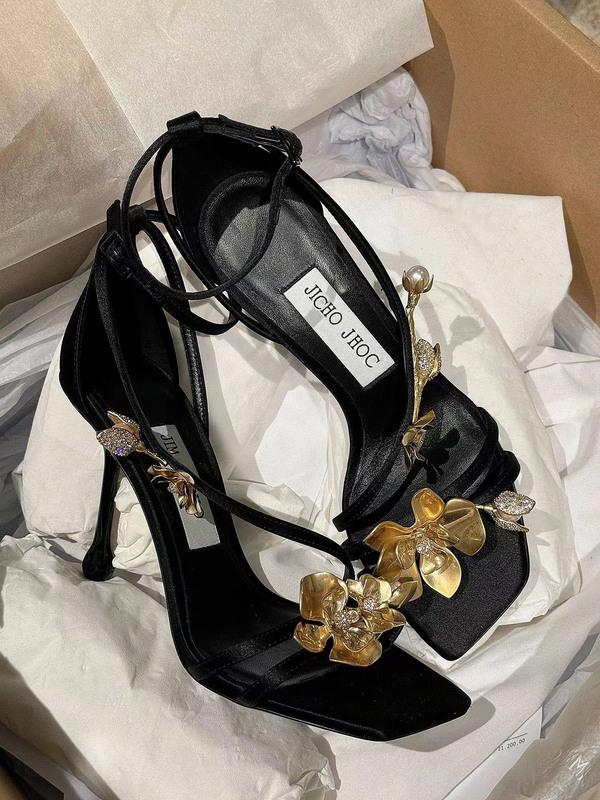 2026 Spring and Summer New Style Rhinestone Metal Flower Open-Toe Ankle Strap Sandals Square Toe Socialite Style Party High Heels