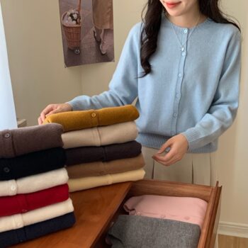 100% Superfine Merino Wool Cardigan for Women, Autumn and Winter Thin Style, Round Neck, Buttoned, 110-Count Knit Cardigan Jacket