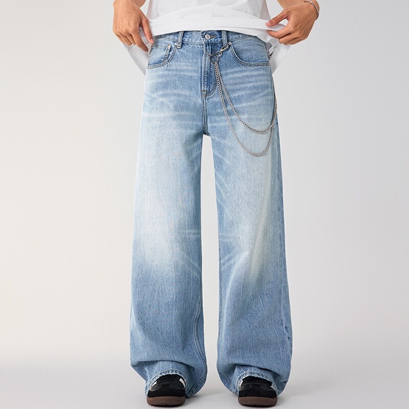 【No Logo Plus】2026Ss Men's Glacier Washed Blue Yuanji Jeans Straight Fit Versatile Long Distressed Style 【No Logo Plus】2026Ss Men's Glacier Washed Blue Yuanji Jeans Straight Fit Versatile Long Distressed Style