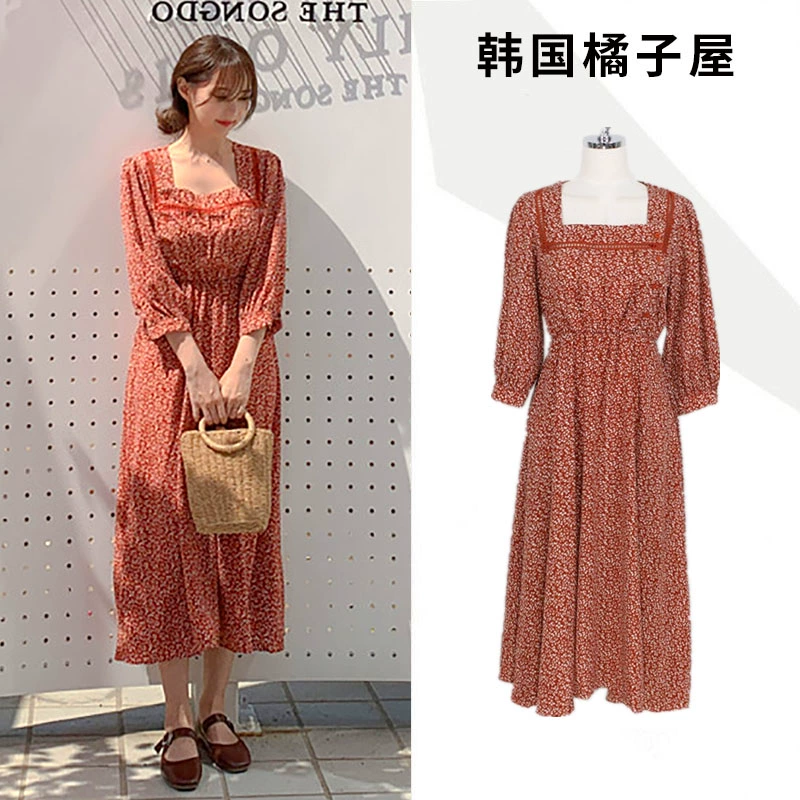 2019 phiên bản hàn quốc của phần mới dài giữa dài trên đầu gối cô gái thắt lưng cao hoa cổ vuông ren váy học sinh mỏng - Váy eo cao