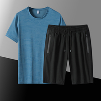 Middle-aged and elderly short sleeve T-shirt men's crew neck ice silk coat loose thin sports shorts two-piece grandpa summer suit